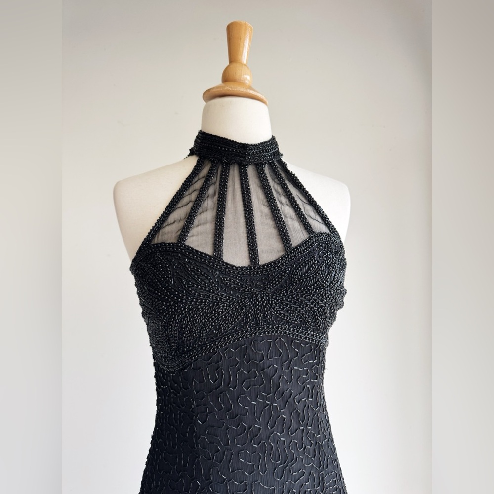 STENAY Vintage Black Silk Beaded Cage Neck Gown 4 - Picture 3 of 8
